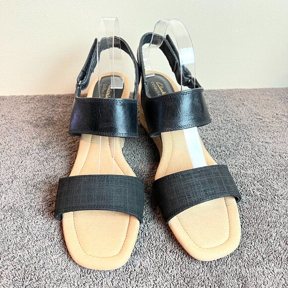 Clarks Womens Kyarra Faye‎ Black Leather Cork Wedges Sandals Shoes 12M New - Picture 3 of 14